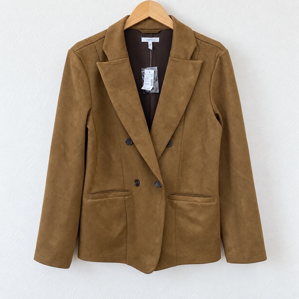 Maurices Womens M Faux Suede Double Breasted Blazer Brown Medium Pockets NWT